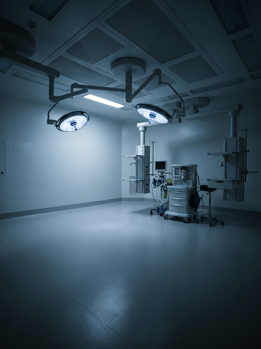 An empty operating room finished in smooth hygienic wall cladding with a coved floor junction.