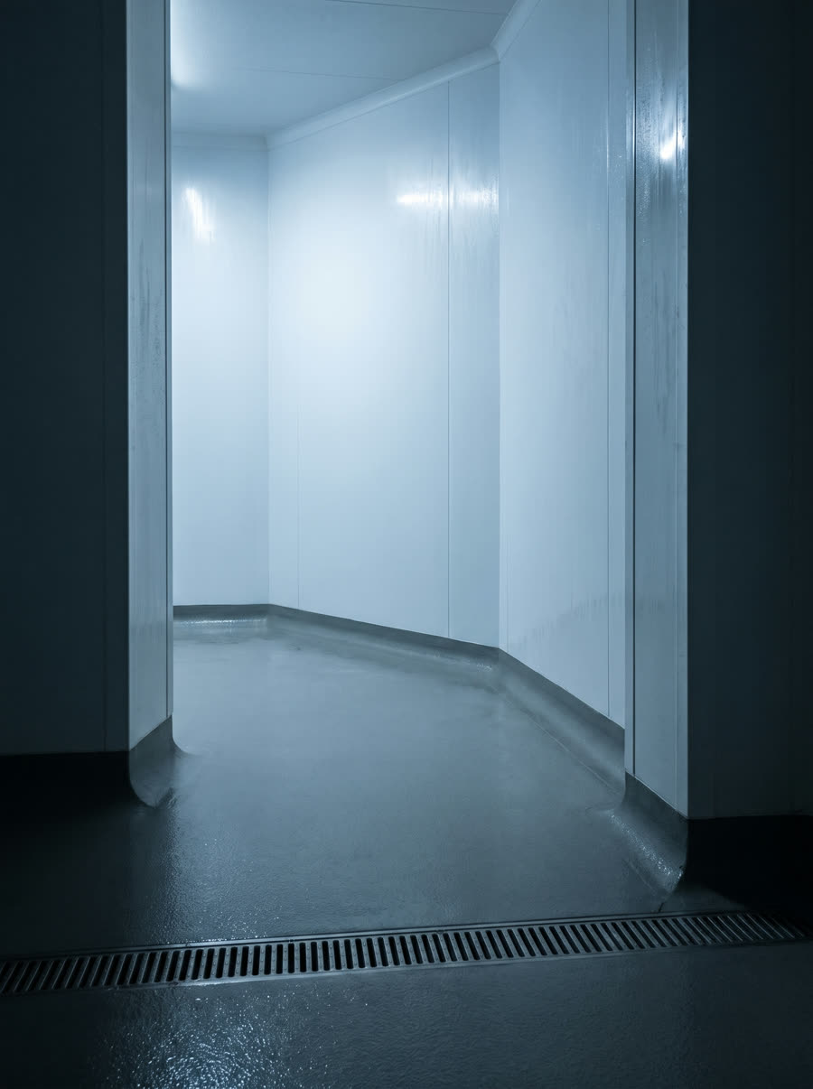 An empty washdown room with a resin floor poured in one piece, coved up the wall, and a linear drain.